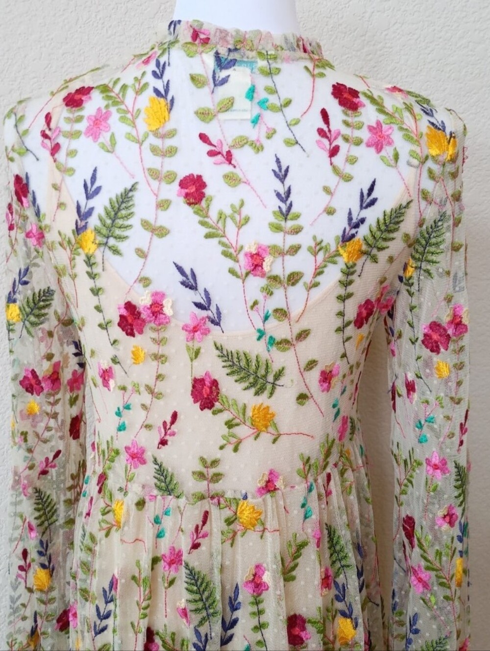 Sundance long-sleeve midi dress in cream with embroidered floral print - Picture 8 of 11